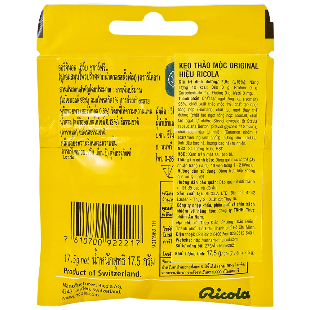 Hình ảnh Kẹo ngậm không đường Ricola Original Herb giảm ho, thông cổ mát họng, giảm viêm họng (17.5g)