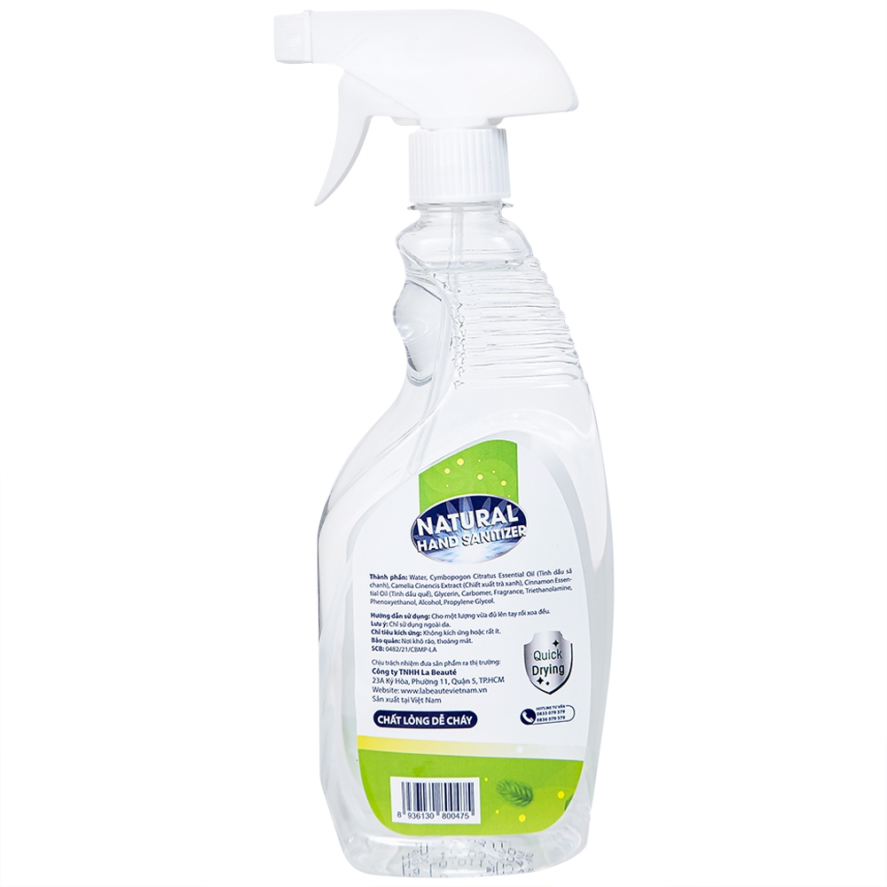Hình ảnh Dung dịch rửa tay khô Natural Hand Sanitizer trà xanh và sả chanh làm sạch tay, khử mùi, dưỡng ẩm (500ml)