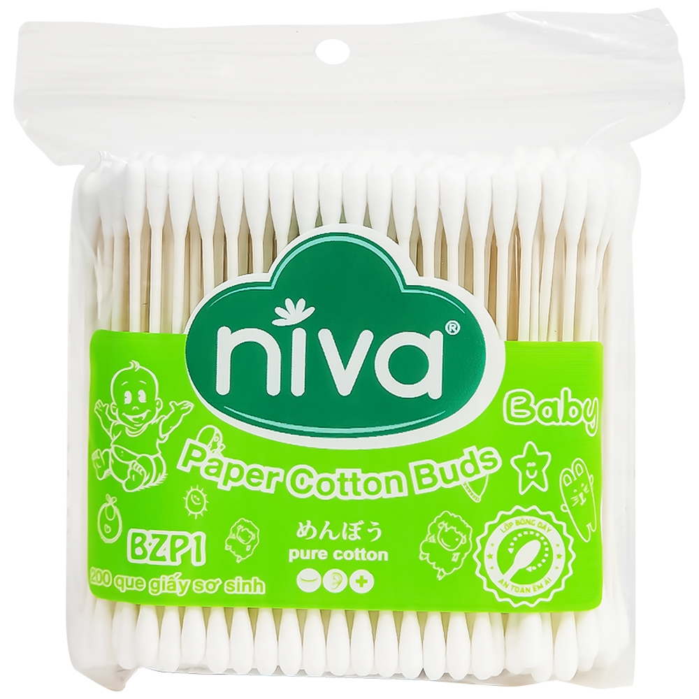 Hình ảnh Tăm bông thân giấy Niva Baby BZP1 2 đầu tròn túi Zip vệ sinh tai, mũi, vệ sinh cá nhân cho trẻ em (200 que)