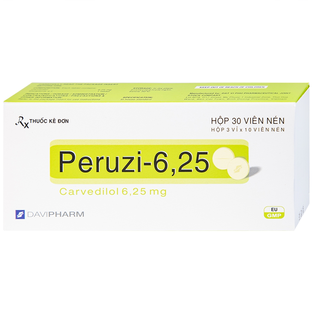 Hình ảnh Viên nén Peruzi-6,25 DaViPharm chống tăng huyết áp, chống đau thắt ngực (3 vỉ x 10 viên)