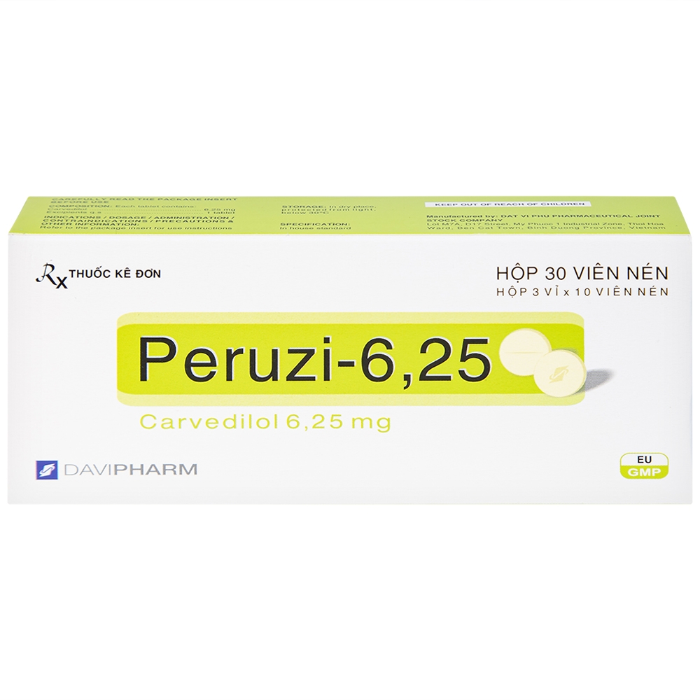 Hình ảnh Viên nén Peruzi-6,25 DaViPharm chống tăng huyết áp, chống đau thắt ngực (3 vỉ x 10 viên)