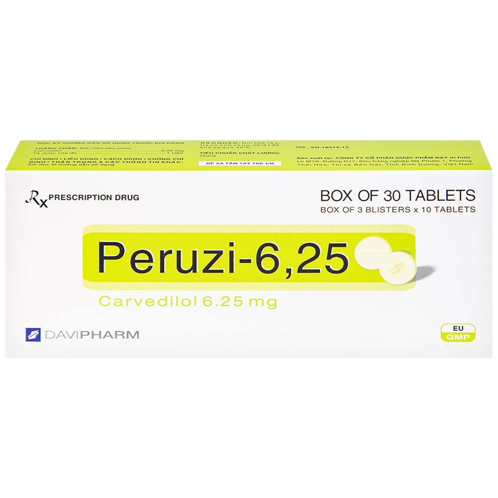 Hình ảnh Viên nén Peruzi-6,25 DaViPharm chống tăng huyết áp, chống đau thắt ngực (3 vỉ x 10 viên)