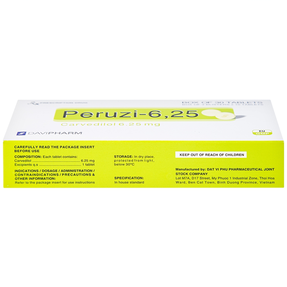 Hình ảnh Viên nén Peruzi-6,25 DaViPharm chống tăng huyết áp, chống đau thắt ngực (3 vỉ x 10 viên)