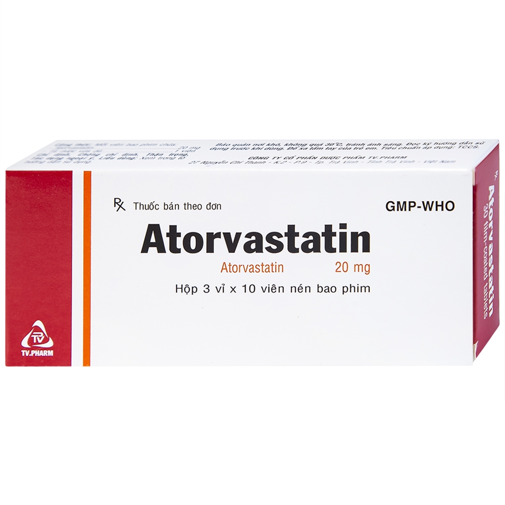 Hình ảnh Thuốc Atorvastatin 20mg TV.Pharm điều trị tăng cholesterol máu, dự phòng tiên phát biến cố mạch vành (3 vỉ x 10 viên)