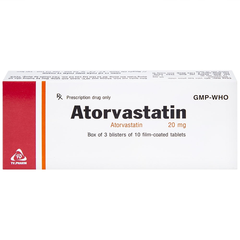 Hình ảnh Thuốc Atorvastatin 20mg TV.Pharm điều trị tăng cholesterol máu, dự phòng tiên phát biến cố mạch vành (3 vỉ x 10 viên)