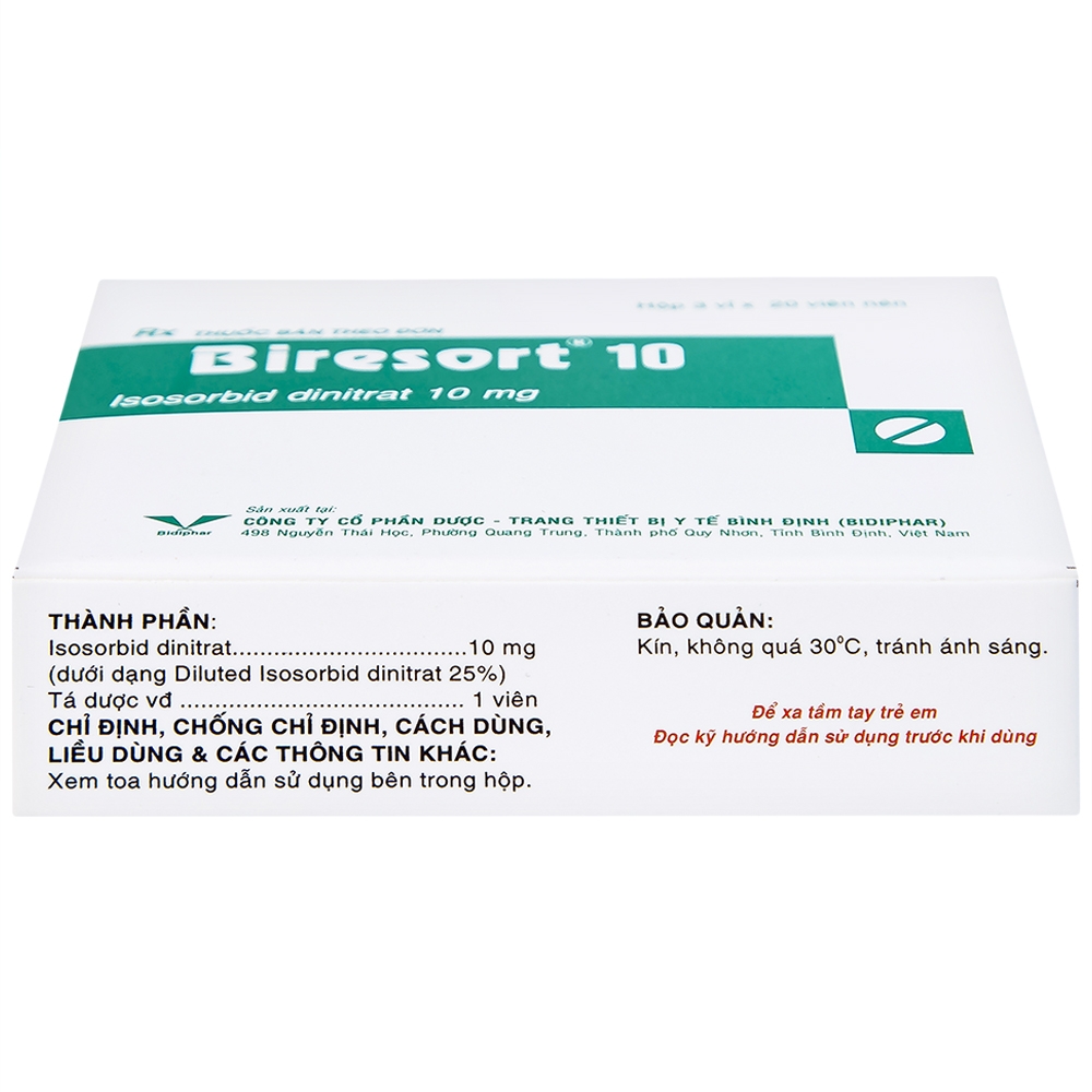 Hình ảnh Thuốc Biresort 10 Bidiphar phòng và điều trị cơn đau thắt ngực, suy tim sung huyết (3 vỉ x 20 viên)