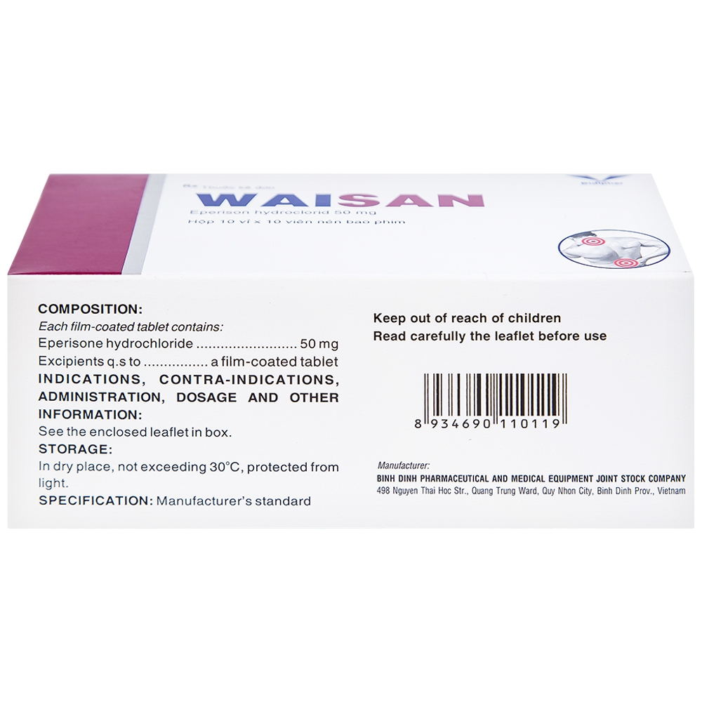 Hình ảnh Thuốc Waisan 50mg Bidiphar cải thiện triệu chứng tăng trương lực cơ (10 vỉ x 10 viên) 