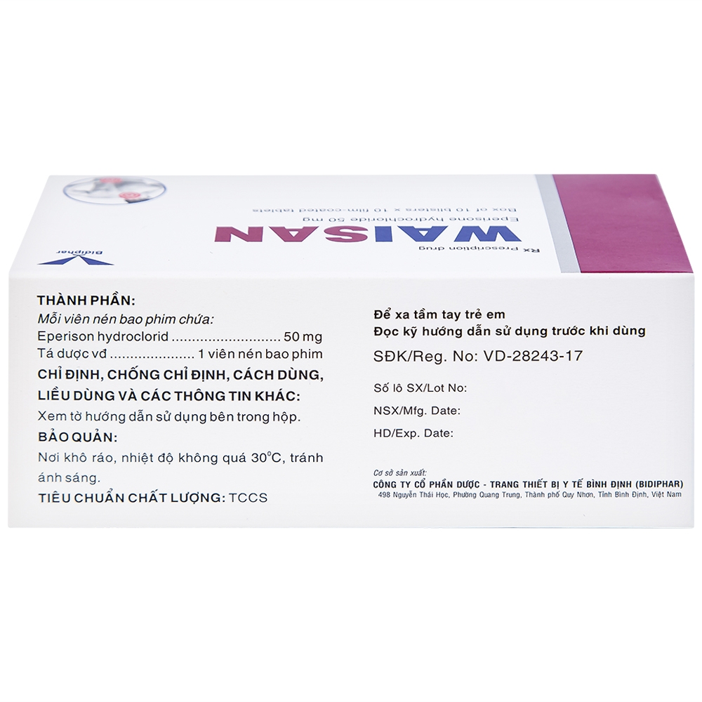 Hình ảnh Thuốc Waisan 50mg Bidiphar cải thiện triệu chứng tăng trương lực cơ (10 vỉ x 10 viên) 