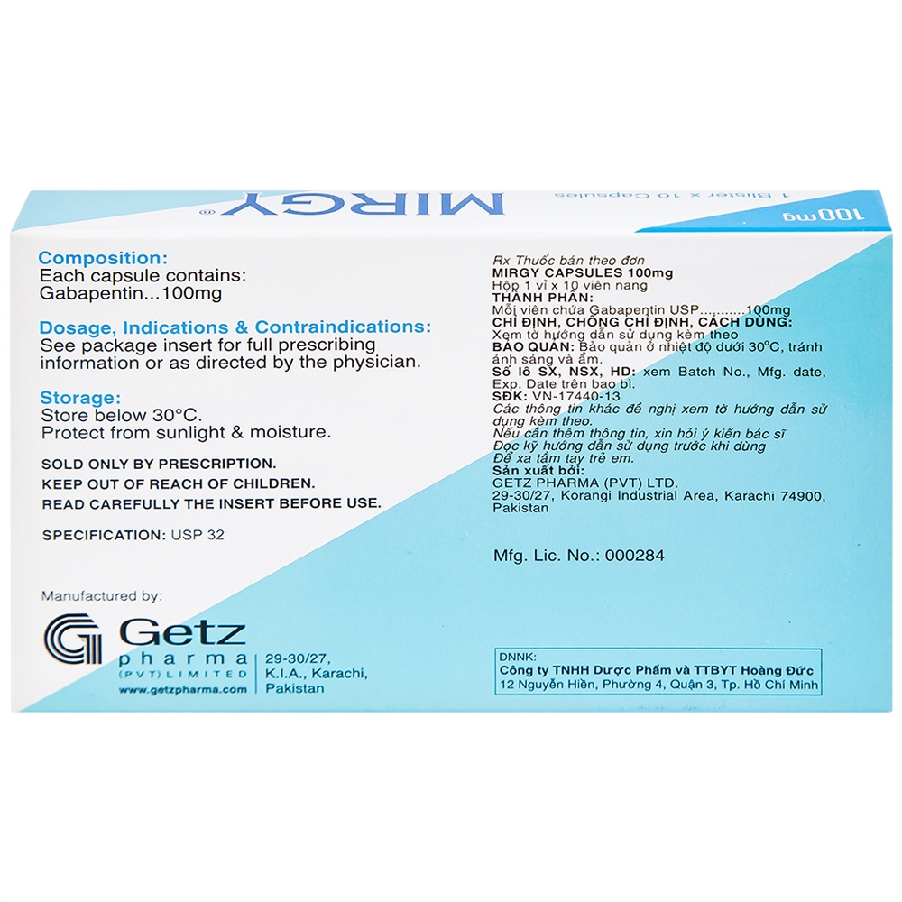 Hình ảnh Viên nang cứng Mirgy 100mg Getz điều trị đau thần kinh, động kinh (1 vỉ x 10 viên)