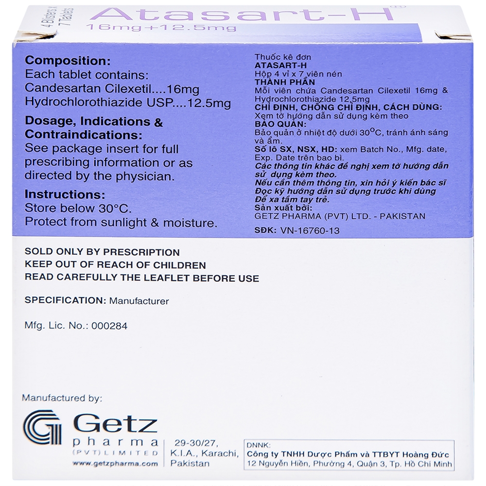 Hình ảnh Thuốc Atasart-H 16mg/12.5mg Getz điều trị tăng huyết áp (4 vỉ x 7 viên)