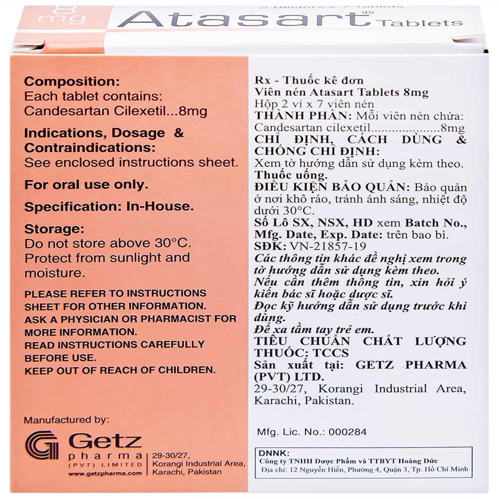 Hình ảnh Thuốc Atasart Tablets 8mg Getz điều trị tăng huyết áp (2 vỉ x 7 viên)