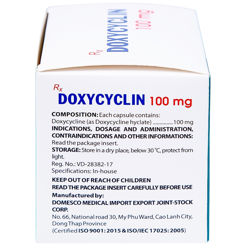 Hình ảnh Thuốc Doxycyclin 100mg Domesco điều trị nhiễm khuẩn (10 vỉ x 10 viên)