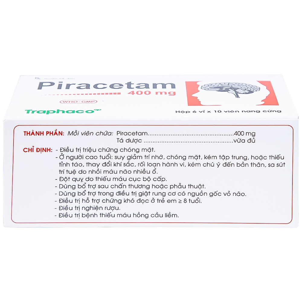 Hình ảnh Viên nang cứng Piracetam 400mg Traphaco điều trị triệu chứng chóng mặt, suy giảm trí nhớ (6 vỉ x 10 viên) 