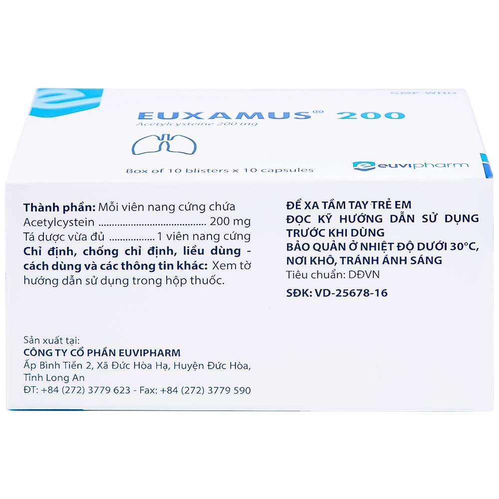 Hình ảnh Thuốc Euxamus 200mg Euvipharm tiêu chất nhầy trong bệnh nhầy nhớt (10 vỉ x 10 viên)