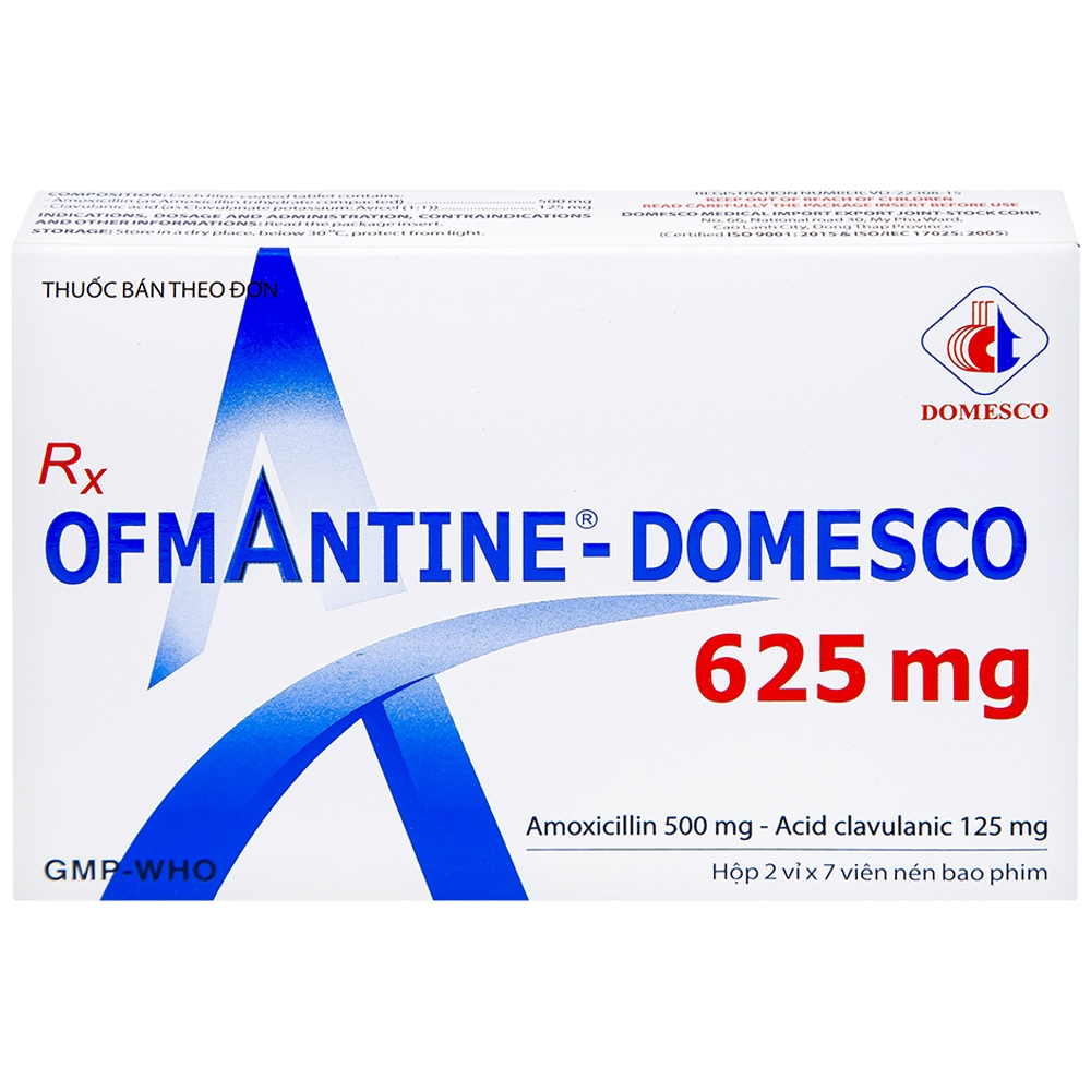 Hình ảnh Thuốc Ofmantine Domesco 625mg điều trị nhiễm khuẩn đường hô hấp, đường tiết niệu - sinh dục (2 vỉ x 7 viên)
