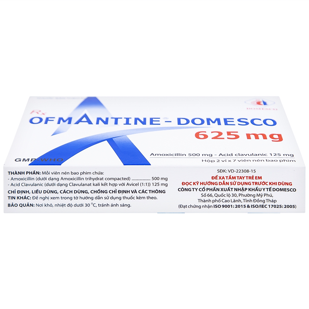 Hình ảnh Thuốc Ofmantine Domesco 625mg điều trị nhiễm khuẩn đường hô hấp, đường tiết niệu - sinh dục (2 vỉ x 7 viên)