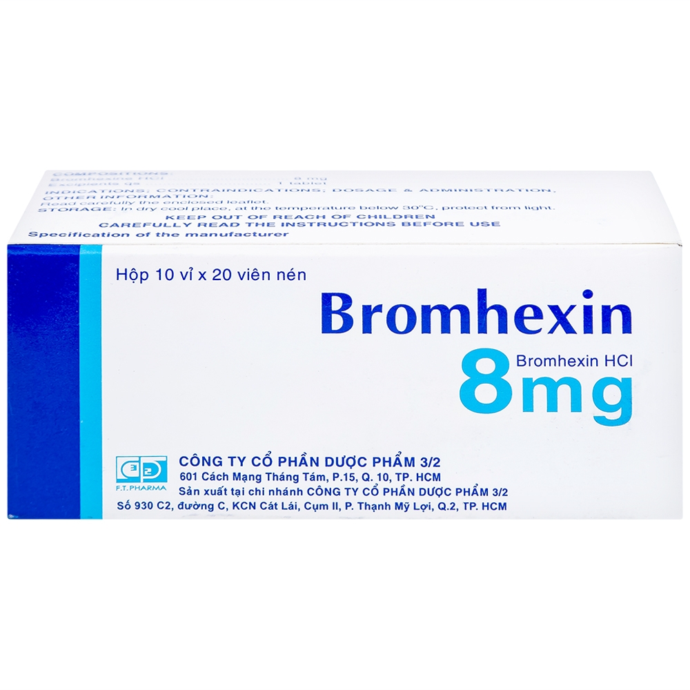 Hình ảnh Thuốc Bromhexin 8mg Dược 3-2 tan đàm trong viêm khí phế quản, viêm phế quản mạn tính (10 vỉ x 20 viên)