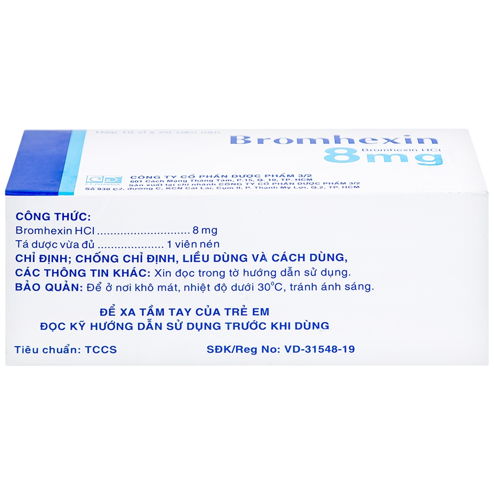 Hình ảnh Thuốc Bromhexin 8mg Dược 3-2 tan đàm trong viêm khí phế quản, viêm phế quản mạn tính (10 vỉ x 20 viên)