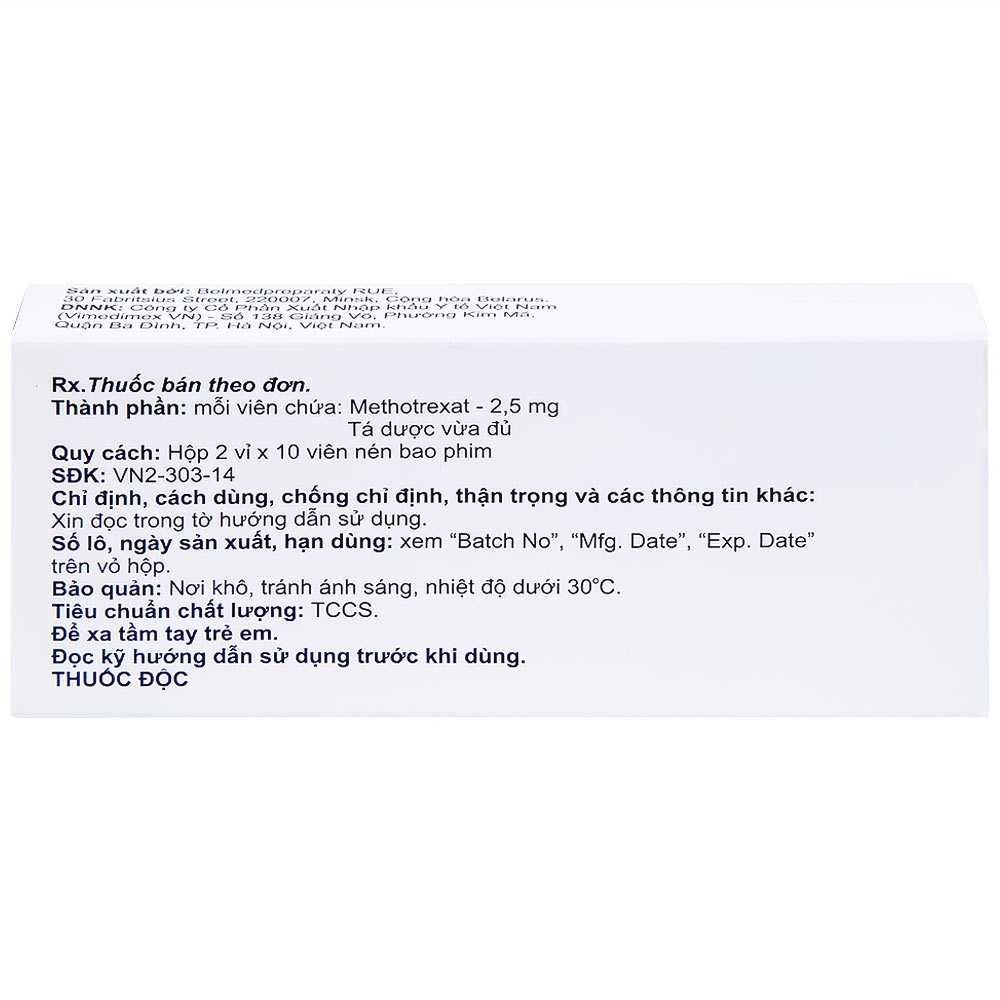 Hình ảnh Thuốc Methotrexate Belmed 2.5mg điều trị bệnh vẩy nến, viêm khớp vảy nến, viêm khớp dạng thấp (20 viên)