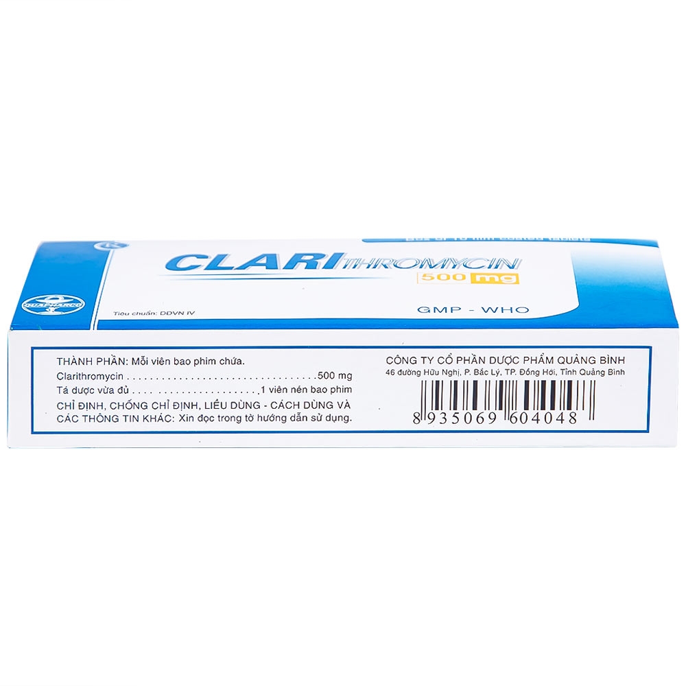 Hình ảnh Thuốc Clarithromycin 500mg Quapharco điều trị nhiễm khuẩn đường hô hấp (2 vỉ x 5 viên)