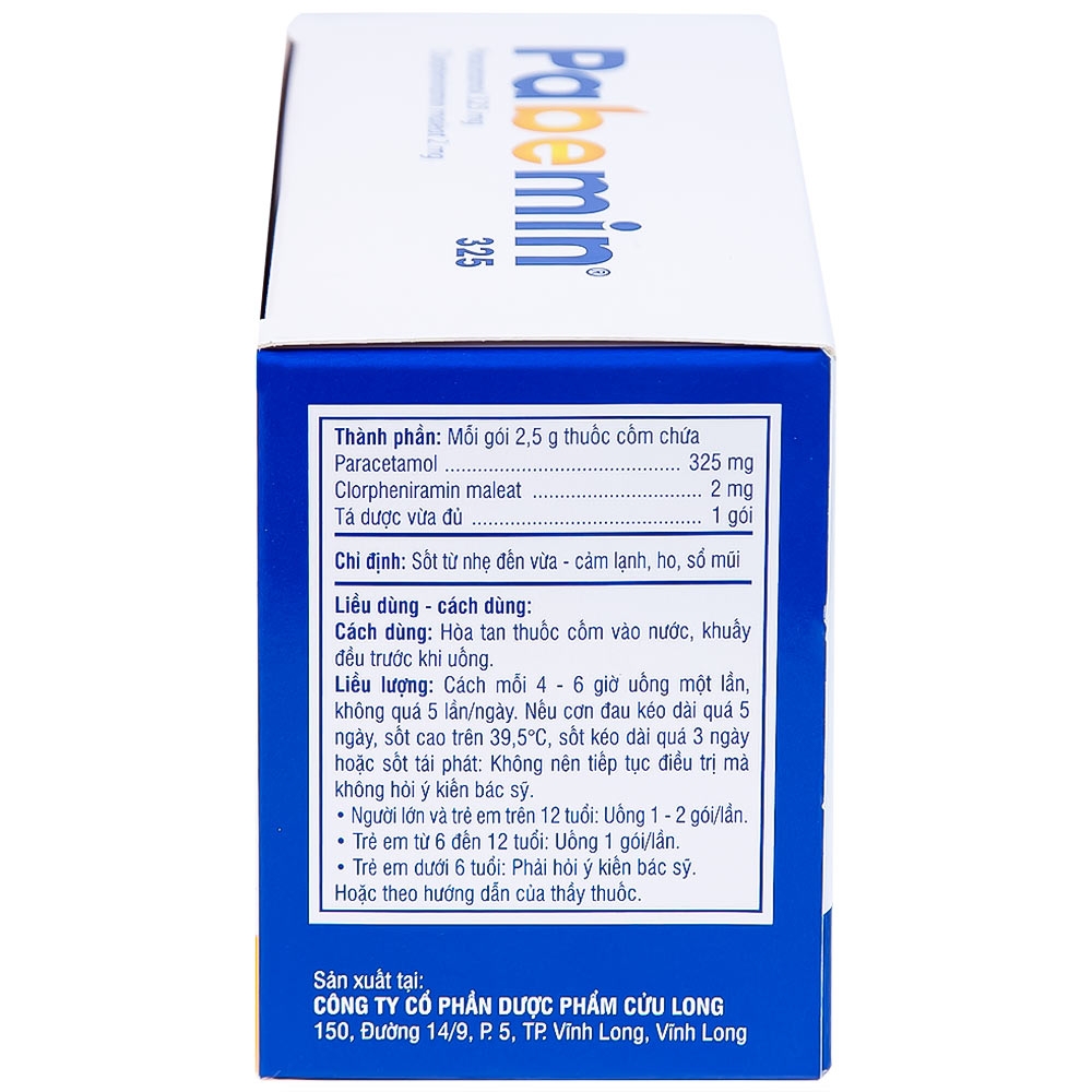 Hình ảnh Cốm Pabemin 325 Pharimexco điều trị sốt từ nhẹ đến vừa, cảm lạnh, ho, sổ mũi (30 gói)