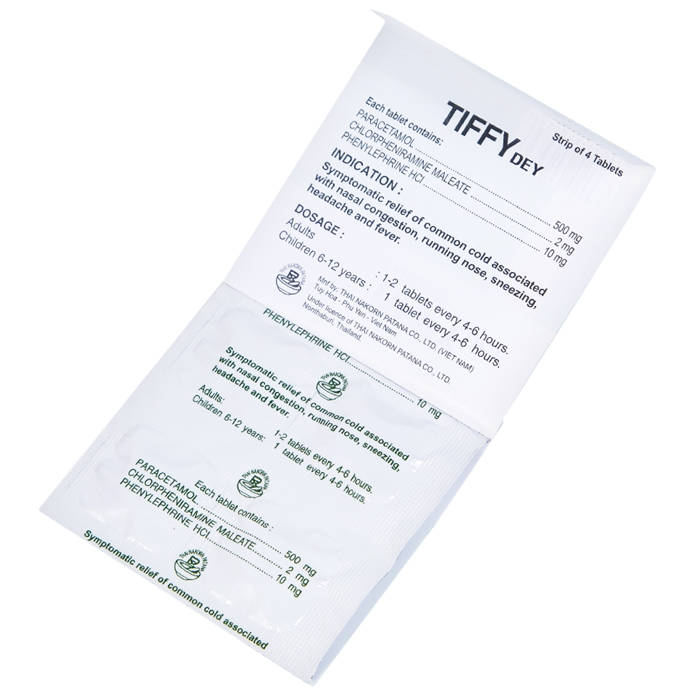Hình ảnh Thuốc Tiffy Dey Thai Nakorn Patana điều trị nghẹt mũi, sổ mũi (25 vỉ x 4 viên)