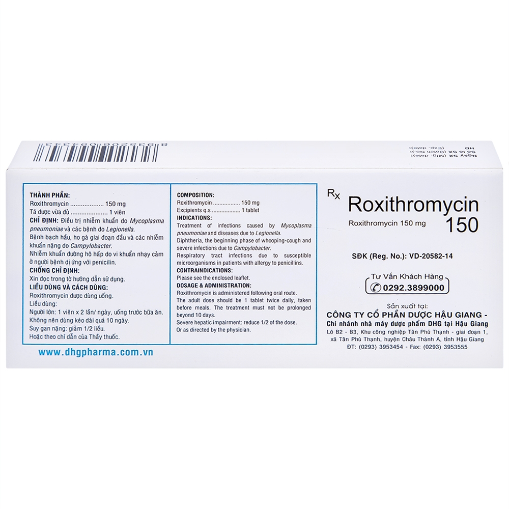 Hình ảnh Thuốc Roxithromycin 150 DHG điều trị các loại nhiễm khuẩn, bệnh bạch hầu, ho gà (3 vỉ x 10 viên)