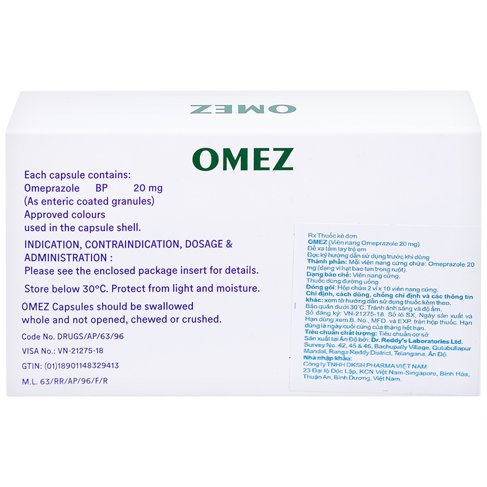 Hình ảnh Viên nang cứng Omez 20mg Dr.Reddy's điều trị và dự phòng tái phát loét tá tràng (2 vỉ x 10 viên)