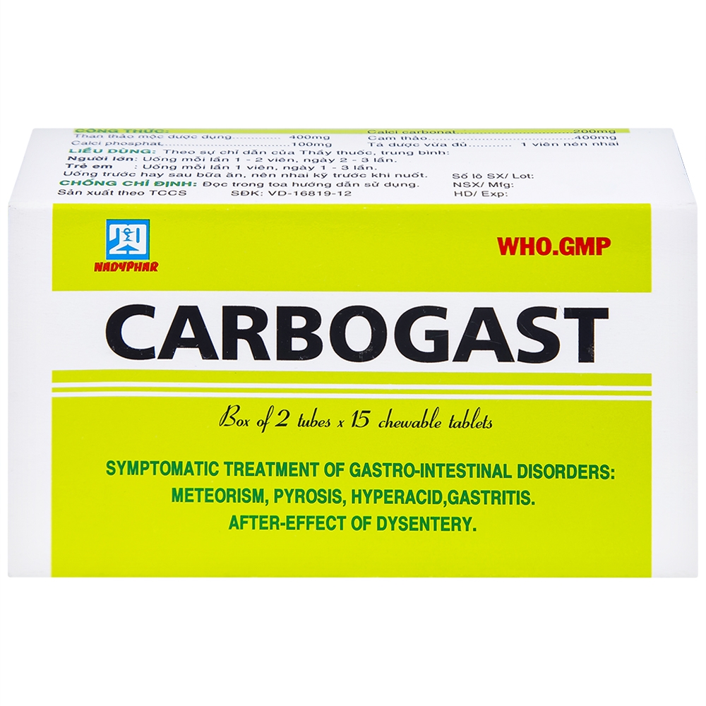 Hình ảnh Viên nhai Carbogast Nadyphar điều trị bệnh dạ dày và đường ruột, di chứng của kiết lỵ (2 tuýp x 15 viên) 