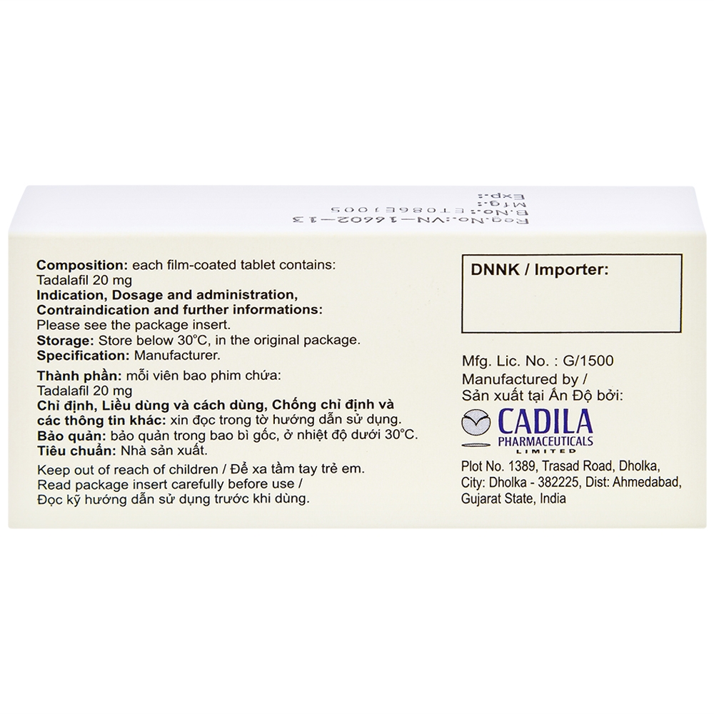 Hình ảnh Viên nén Jovan T 20 Cadila điều trị rối loạn cương dương (1 vỉ x 1 viên)