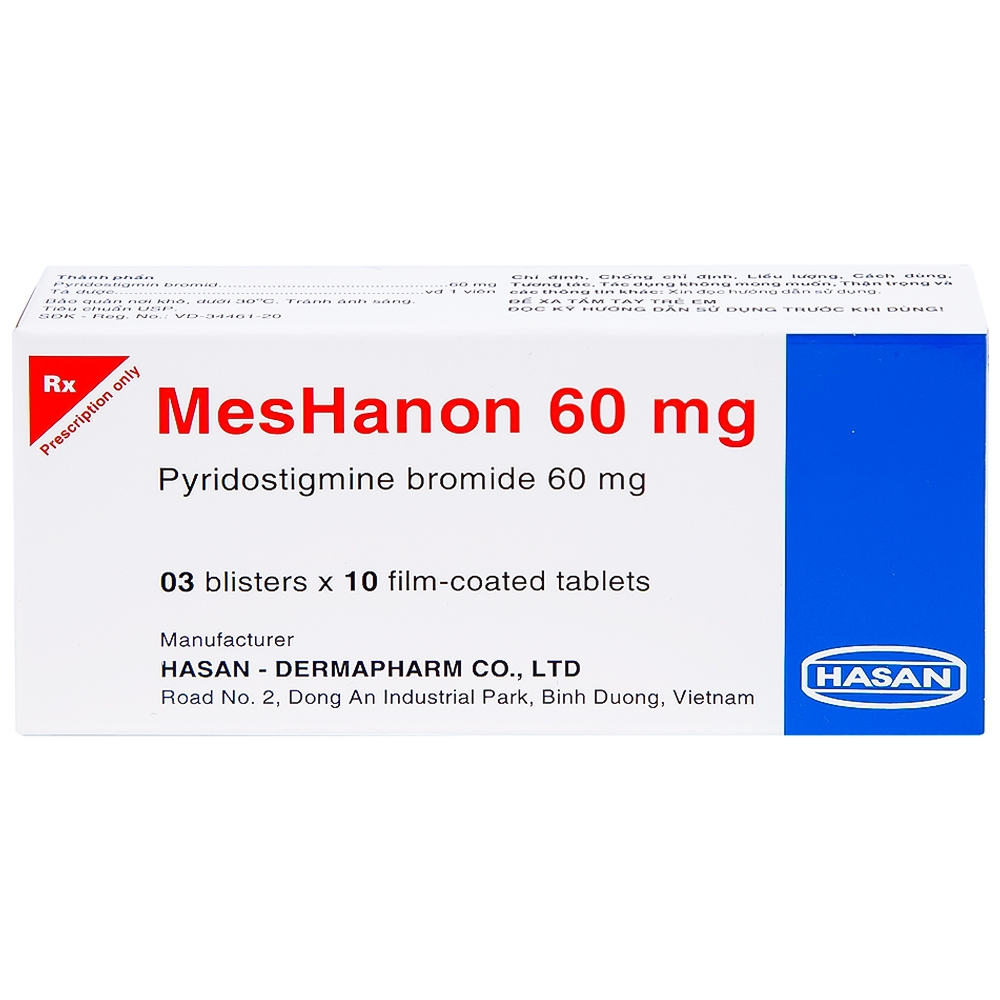 Hình ảnh Viên nén MesHanon 60mg Hasan điều trị nhược cơ, tắt ruột do liệt ruột và bí tiểu sau phẫu thuật (3 vỉ x 10 viên)