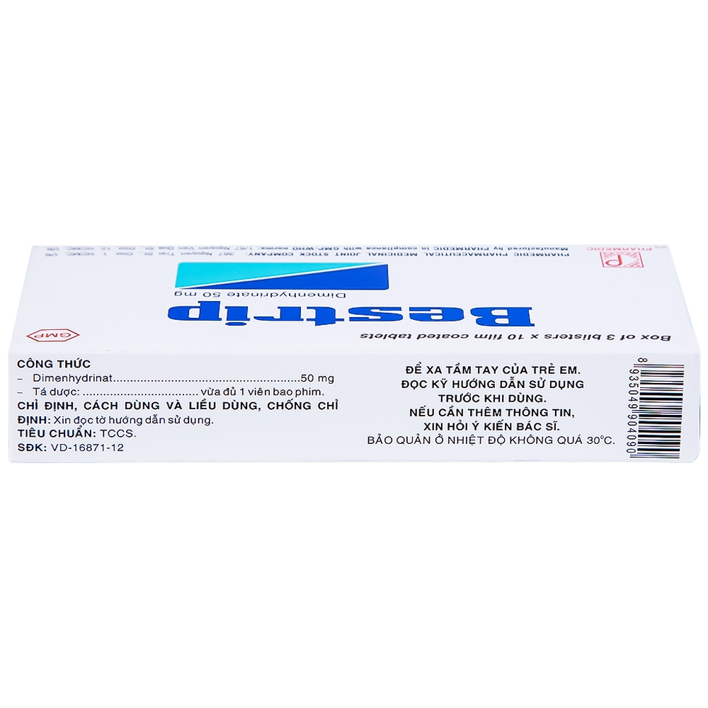 Hình ảnh Thuốc Bestrip 50mg Pharmedic phòng và điều trị các chứng buồn nôn do say tàu xe (3 vỉ x 10 viên)