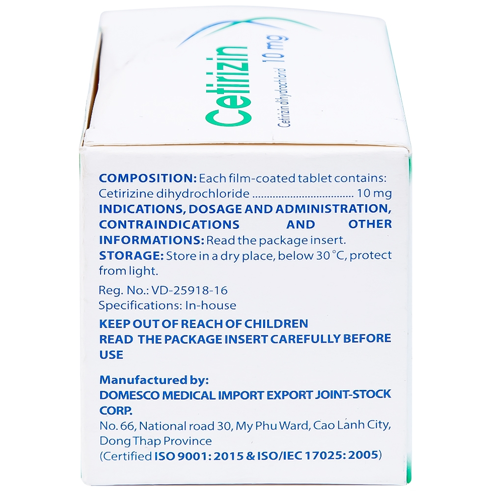 Hình ảnh Thuốc Cetirizin 10mg Domesco điều trị viêm mũi dị ứng, mày đay (10 vỉ x 10 viên)