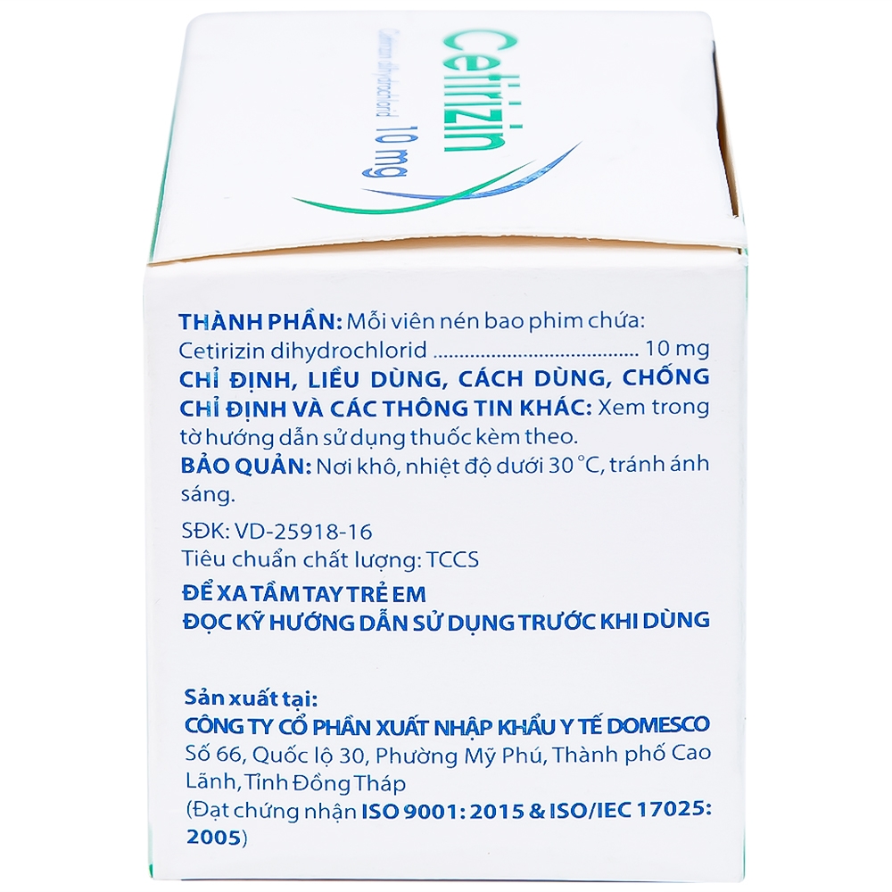 Hình ảnh Thuốc Cetirizin 10mg Domesco điều trị viêm mũi dị ứng, mày đay (10 vỉ x 10 viên)