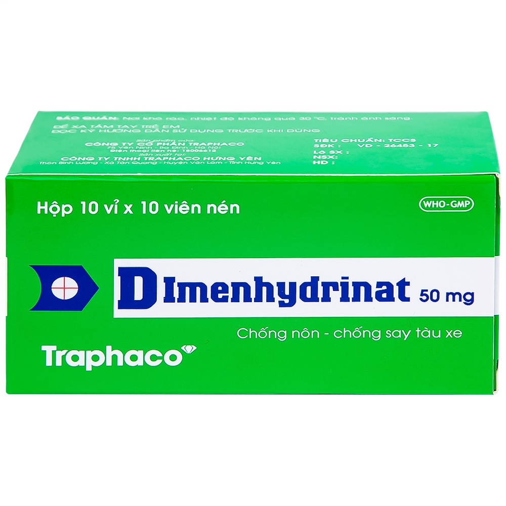 Hình ảnh Thuốc Dimenhydrinat 50mg Traphaco chống nôn, chống say tàu xe (10 vỉ x 10 viên)
