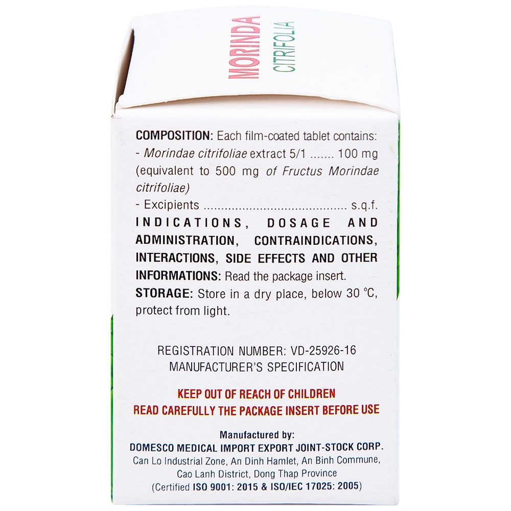 Hình ảnh Thuốc Morinda Citrifolia Domesco điều trị đau nhức, sưng khớp, tăng huyết áp (50 viên)