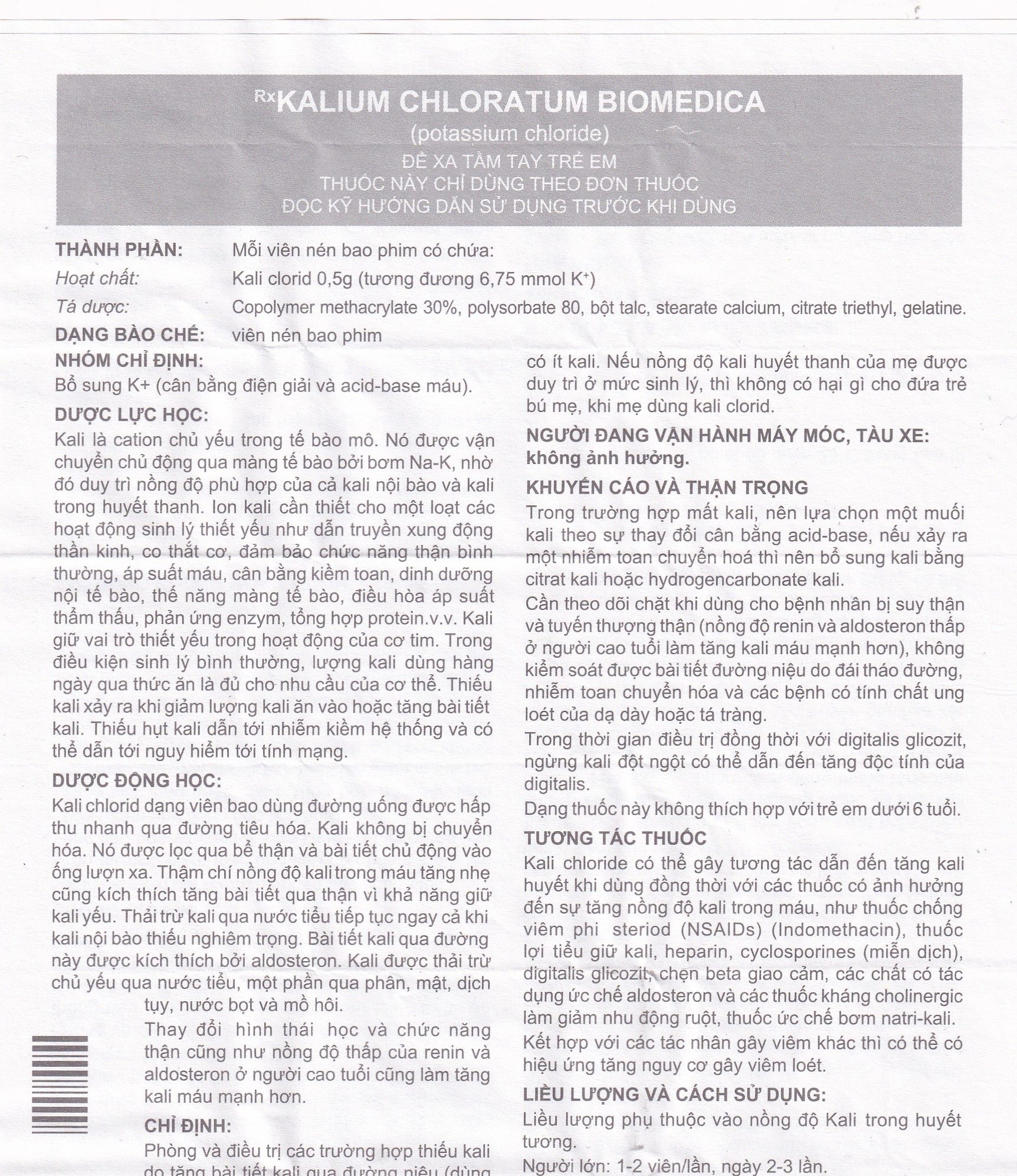 Hình ảnh Thuốc Kalium Chloratum Biomedica dùng trong phòng và điều trị một số trường hợp thiếu kali (10 vỉ x 10 viên)