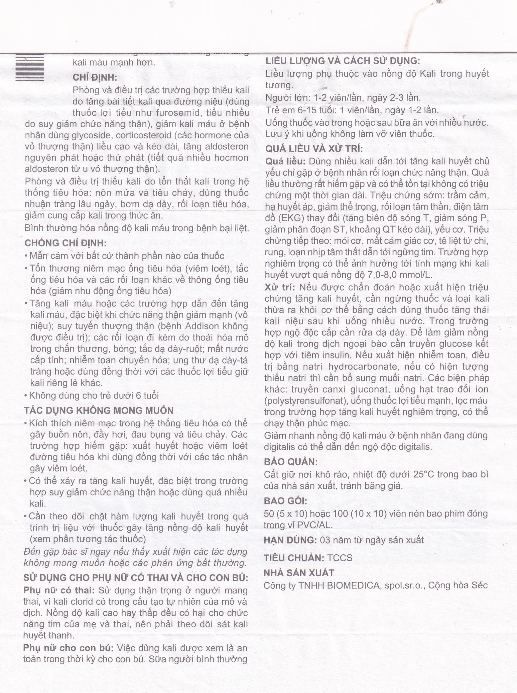 Hình ảnh Thuốc Kalium Chloratum Biomedica dùng trong phòng và điều trị một số trường hợp thiếu kali (10 vỉ x 10 viên)