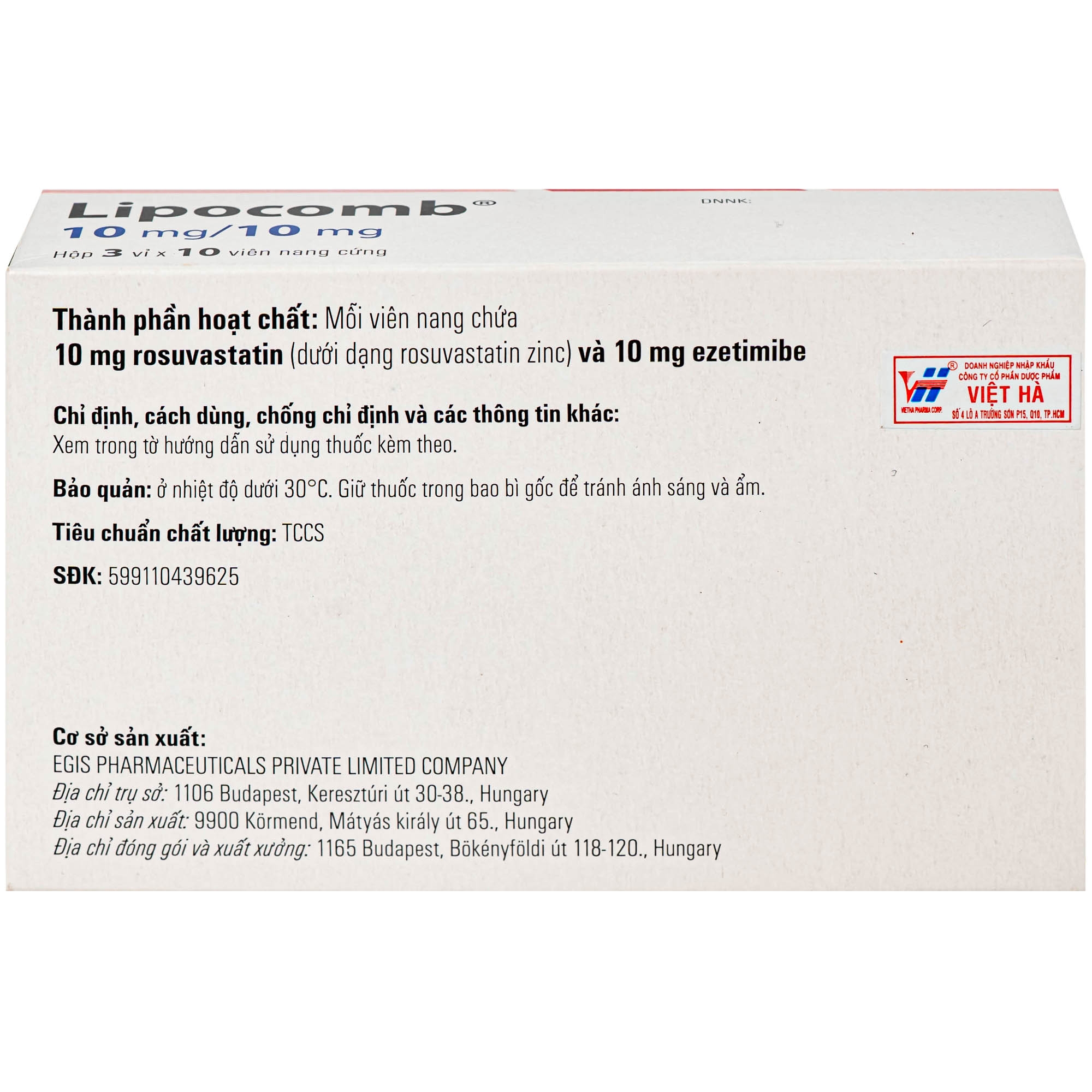 Hình ảnh Thuốc Lipocomb 10/10mg Egis Điều trị tăng cholesterol máu nguyên phát (3 vỉ x 10 viên)