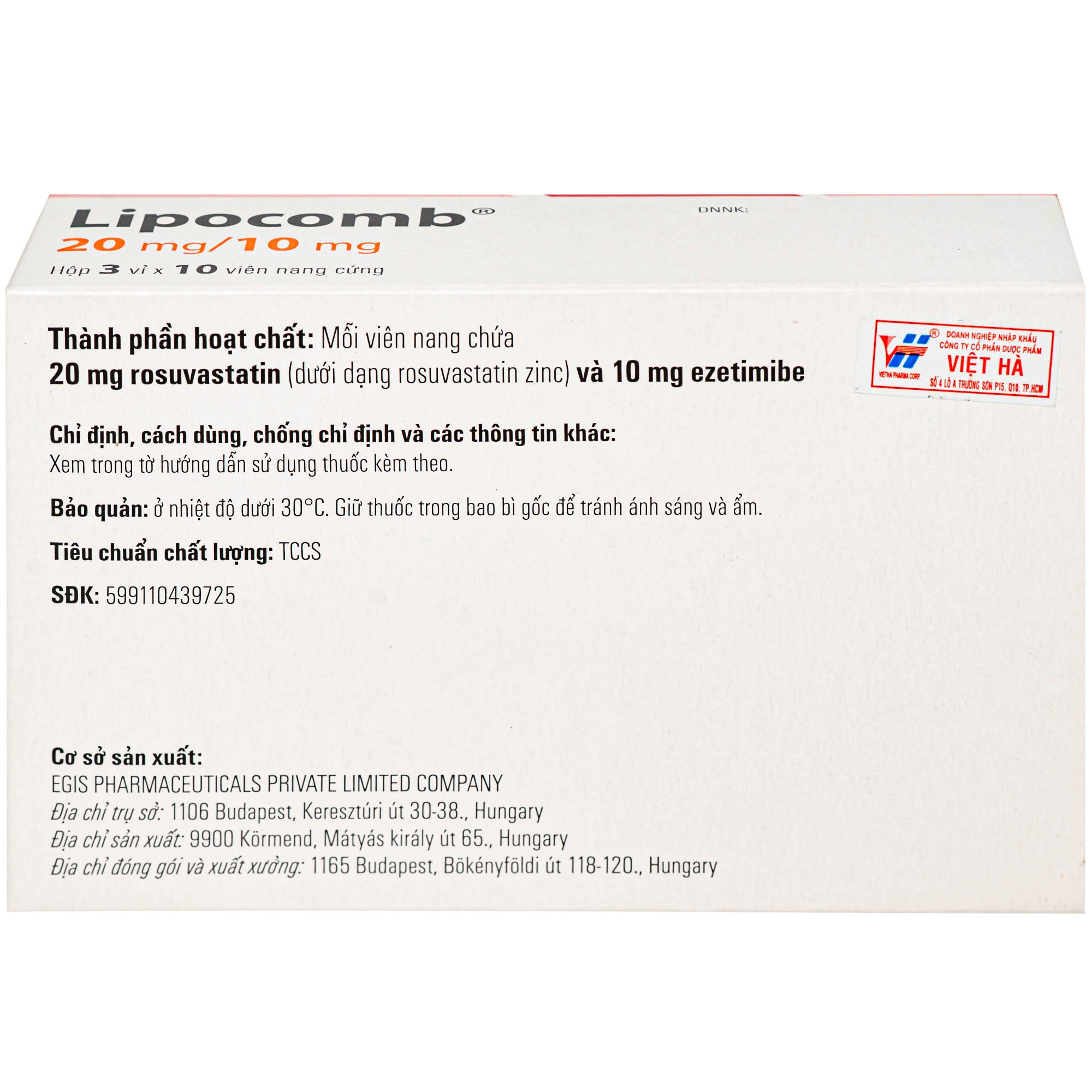 Hình ảnh Thuốc Lipocomb 20/10mg Egis Điều trị tăng cholesterol máu nguyên phát (3 vỉ x 10 viên)