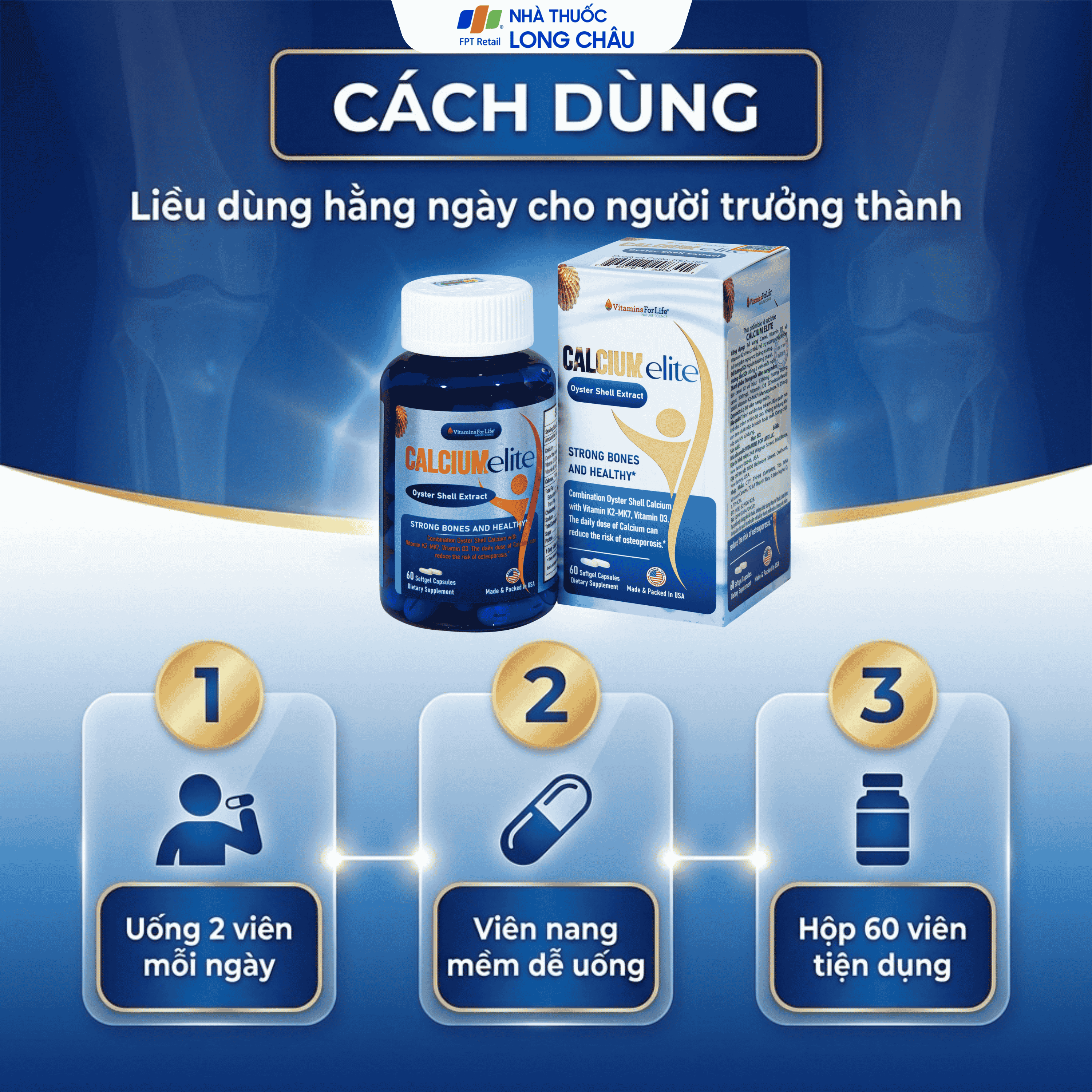 Hình ảnh Viên uống bổ sung canxi, Vitamin D3 và Vitamin K2 cho cơ thể, hỗ trợ xương chắc khoẻ CalciumElite Vitamins For Life (Hộp 60 viên)