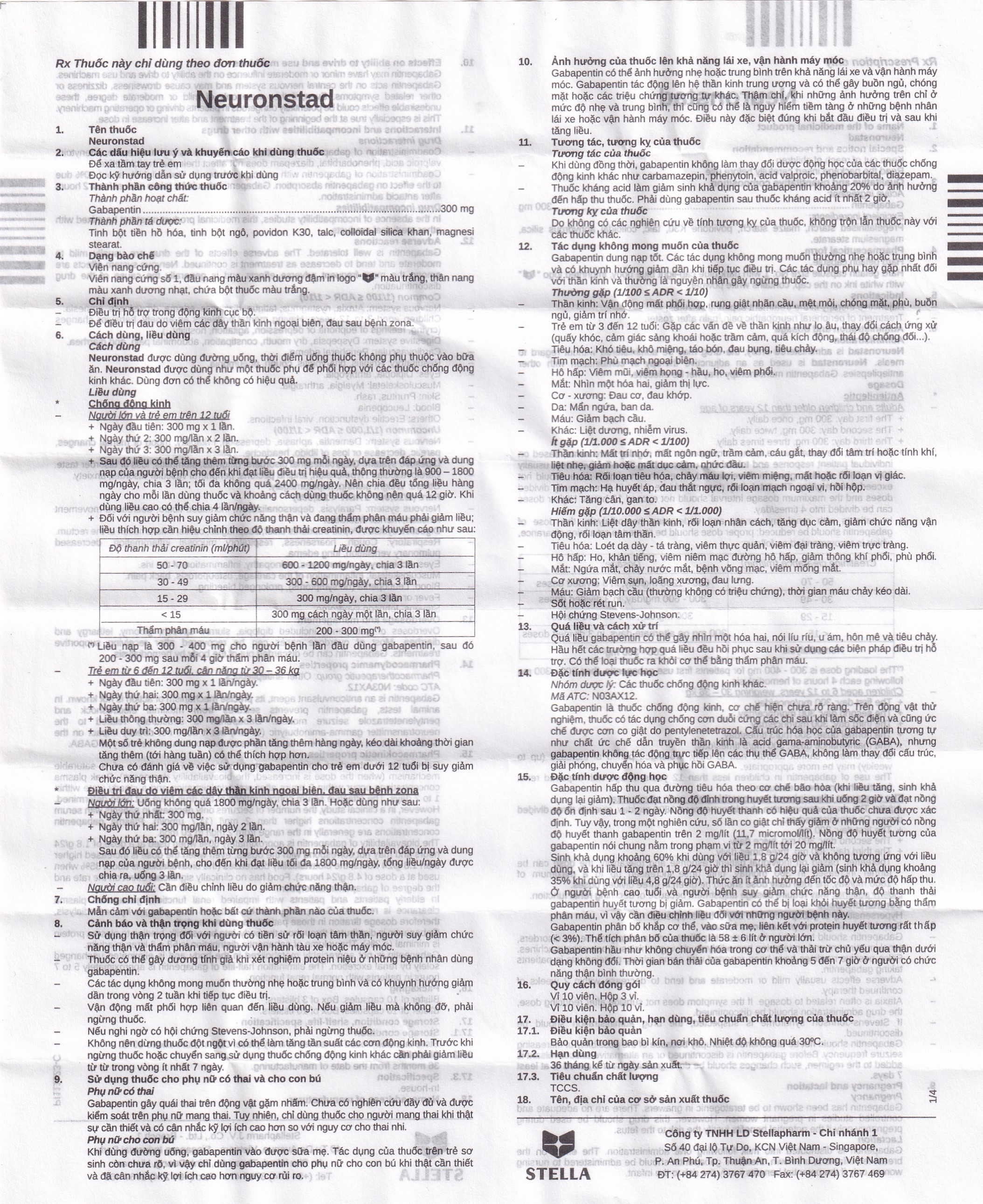 Hình ảnh Thuốc Neuronstad 300mg Stella điều trị hỗ trợ động kinh cục bộ (10 vỉ x 10 viên)