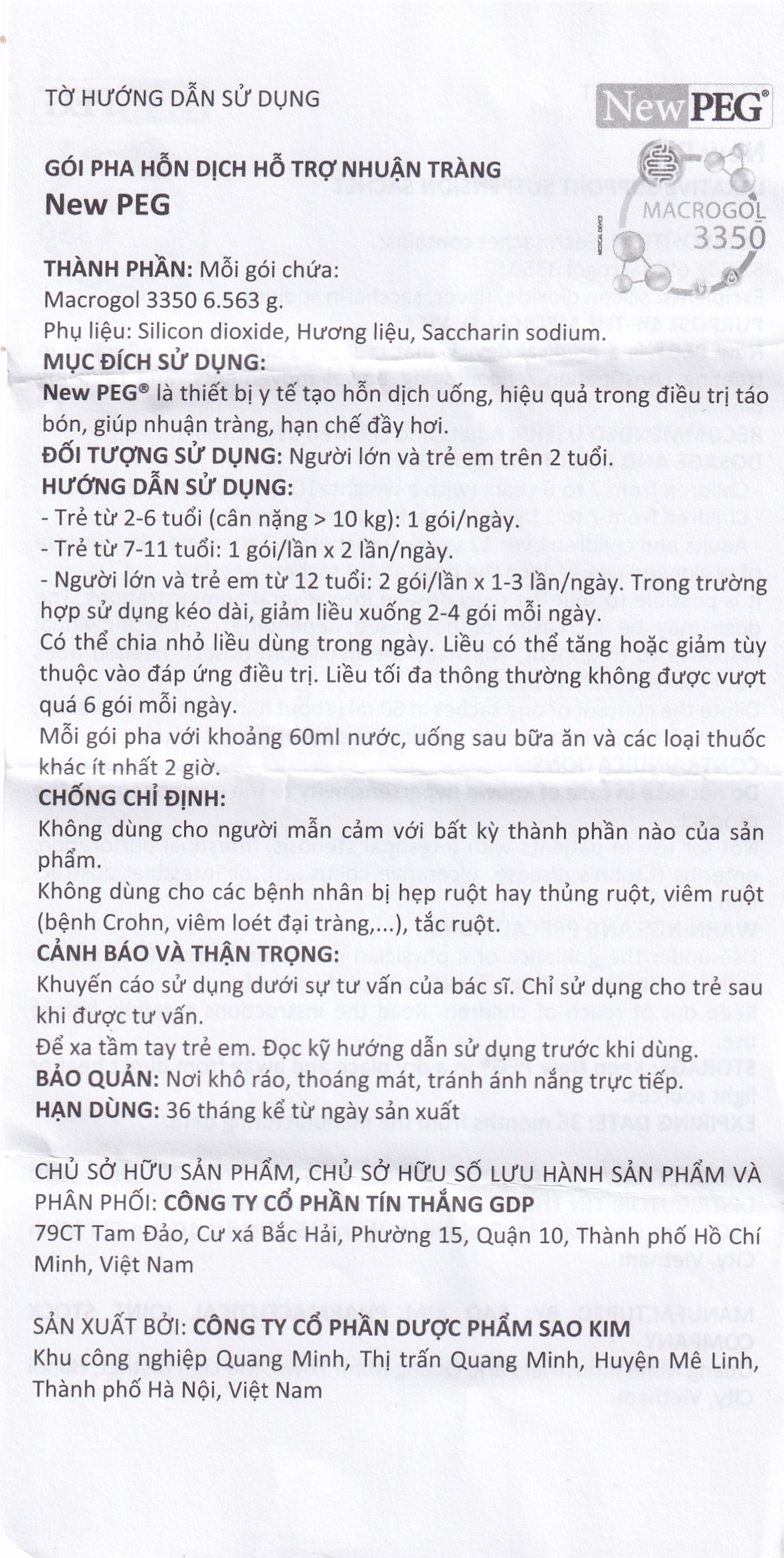 Hình ảnh Gói pha hỗn dịch hỗ trợ nhuận tràng Newpeg Macrogol 3350 Sao Kim điều trị táo bón, nhuận tràng, đầy hơi (30 gói)