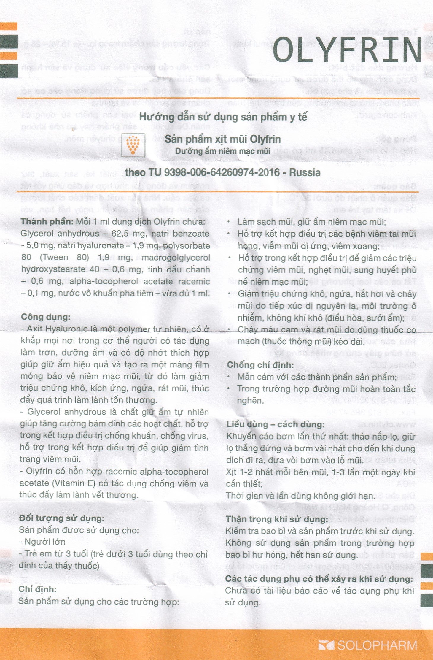 Hình ảnh Dung dịch xịt mũi Olyfrin 15ml Solopharm loại bỏ các dịch mũi thừa 