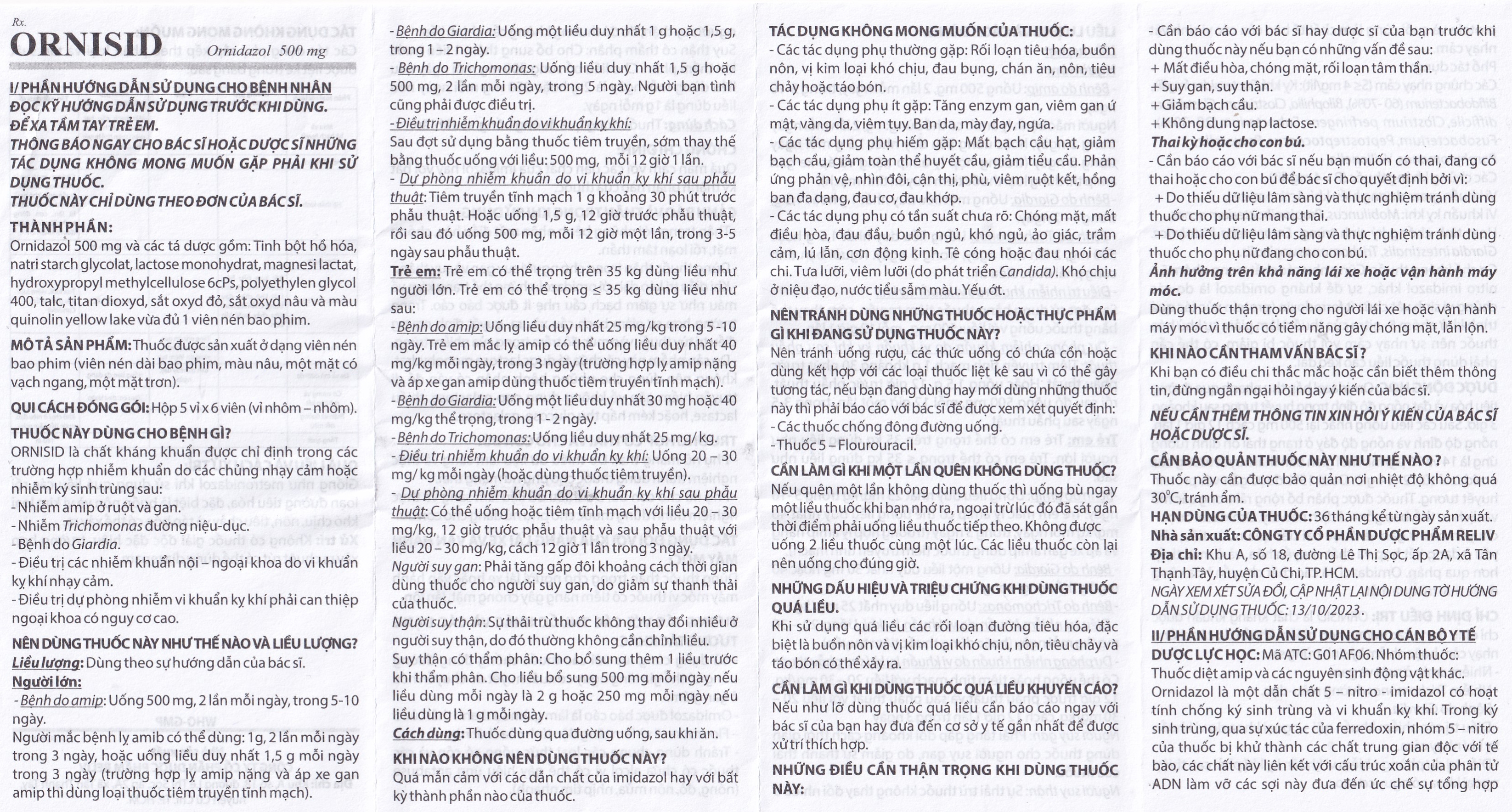 Hình ảnh Thuốc Ornisid 500mg Reliv điều trị nhiễm amip ở ruột và gan (5 vỉ x 6 viên)