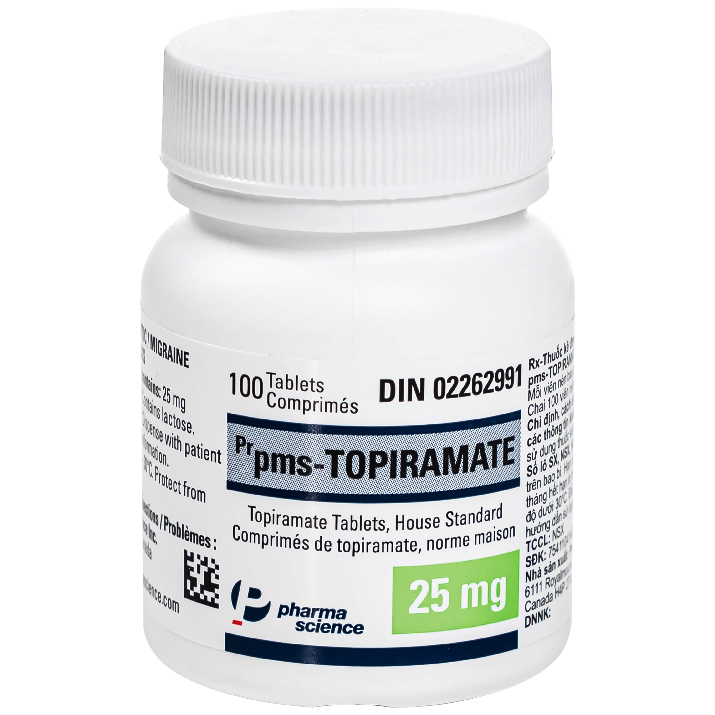 Hình ảnh Thuốc Pms-Topiramate 25mg Pharmascience điều trị động kinh cục bộ, dự phòng đau nửa đầu (Hộp 100 viên)