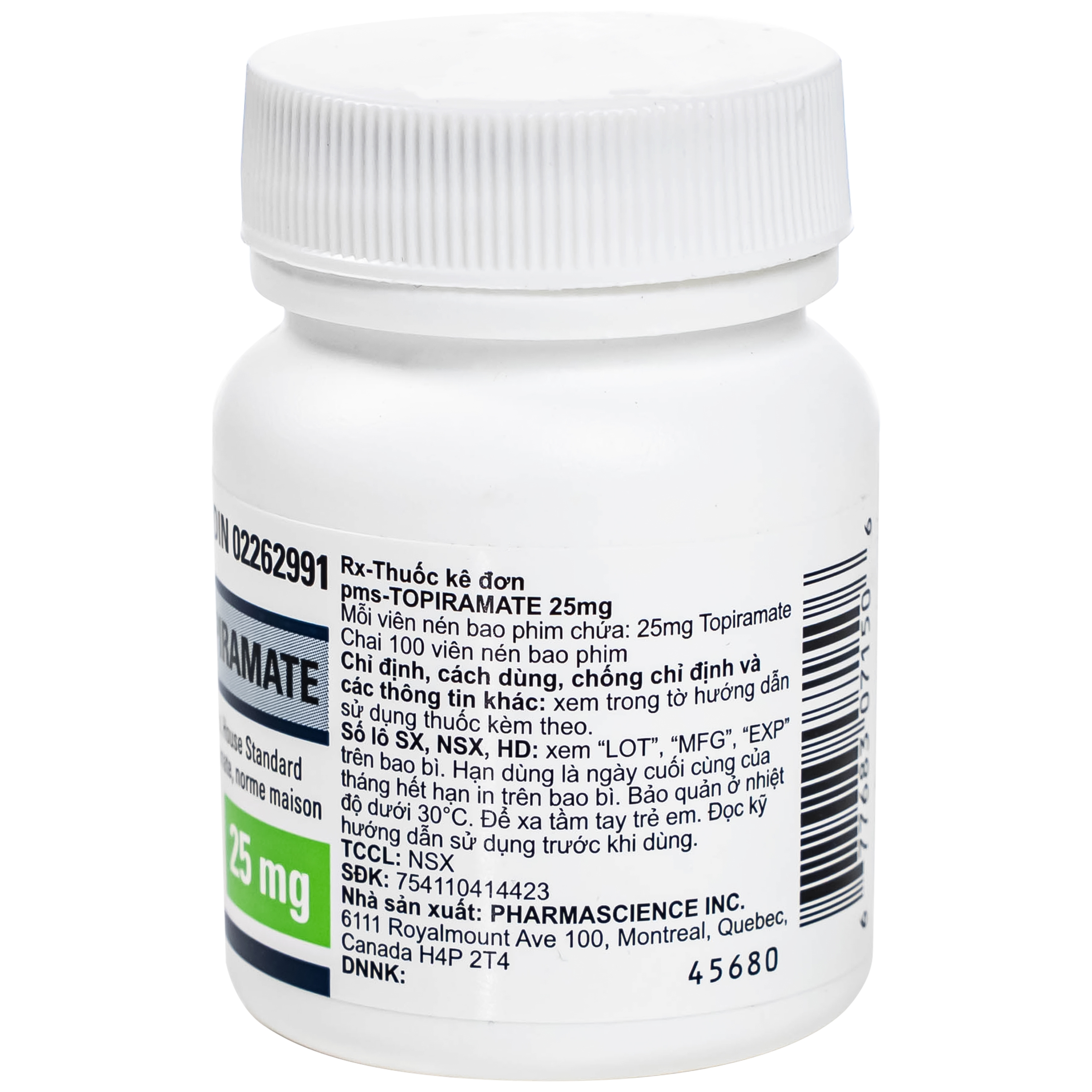 Hình ảnh Thuốc Pms-Topiramate 25mg Pharmascience điều trị động kinh cục bộ, dự phòng đau nửa đầu (Hộp 100 viên)