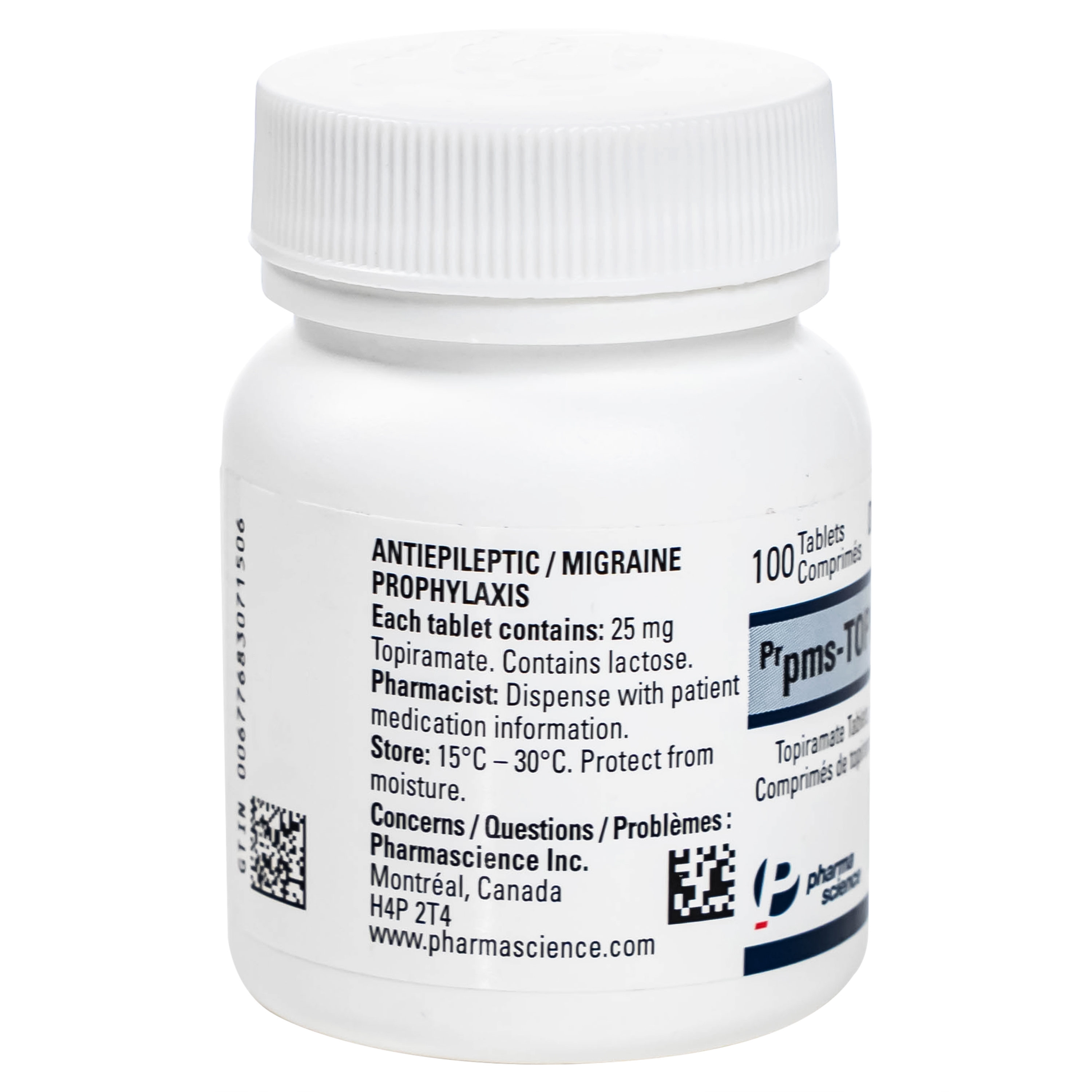 Hình ảnh Thuốc Pms-Topiramate 25mg Pharmascience điều trị động kinh cục bộ, dự phòng đau nửa đầu (Hộp 100 viên)