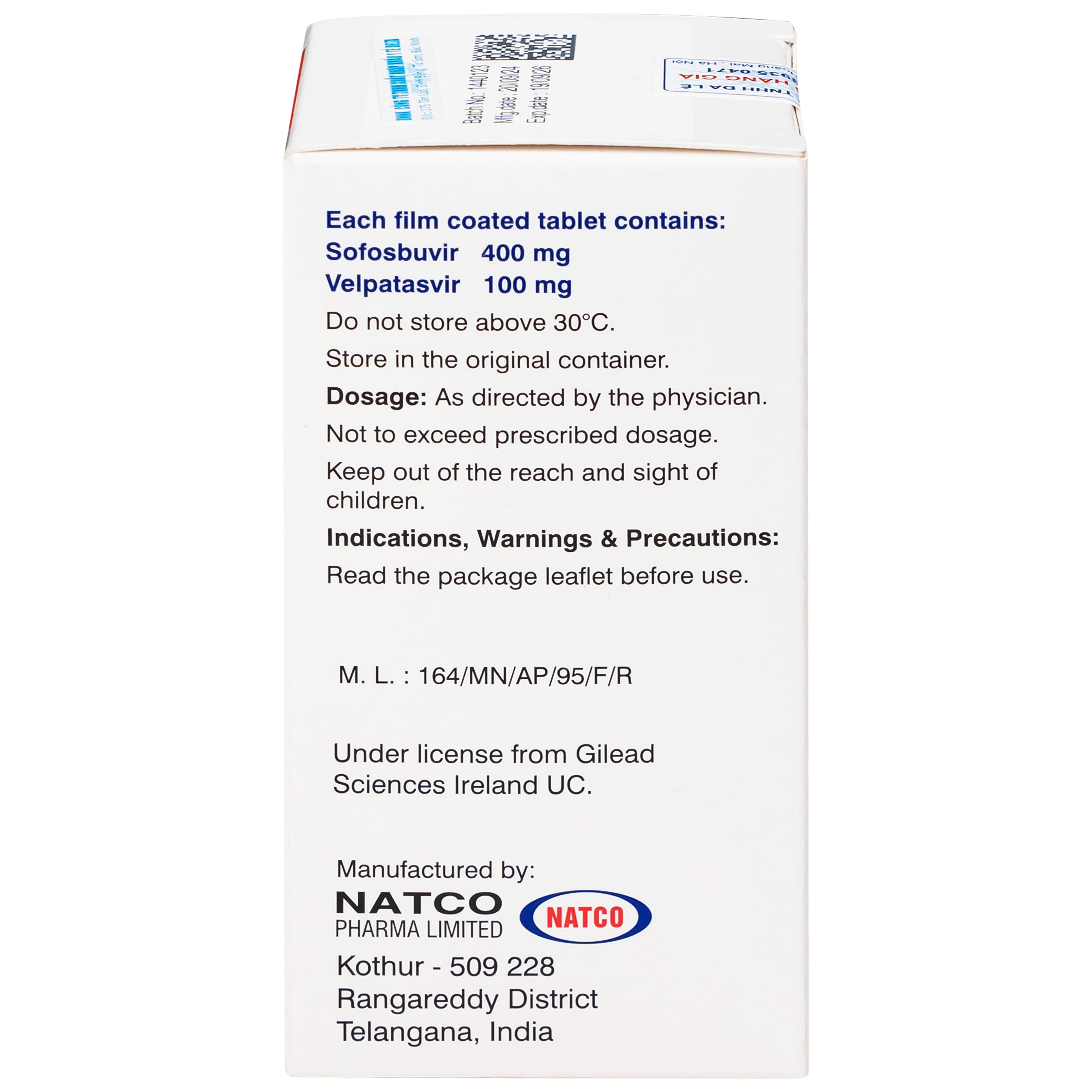 Hình ảnh Thuốc Velsof 400mg/100mg Natco điều trị viêm gan virus C mạn tính ở người lớn (28 viên)