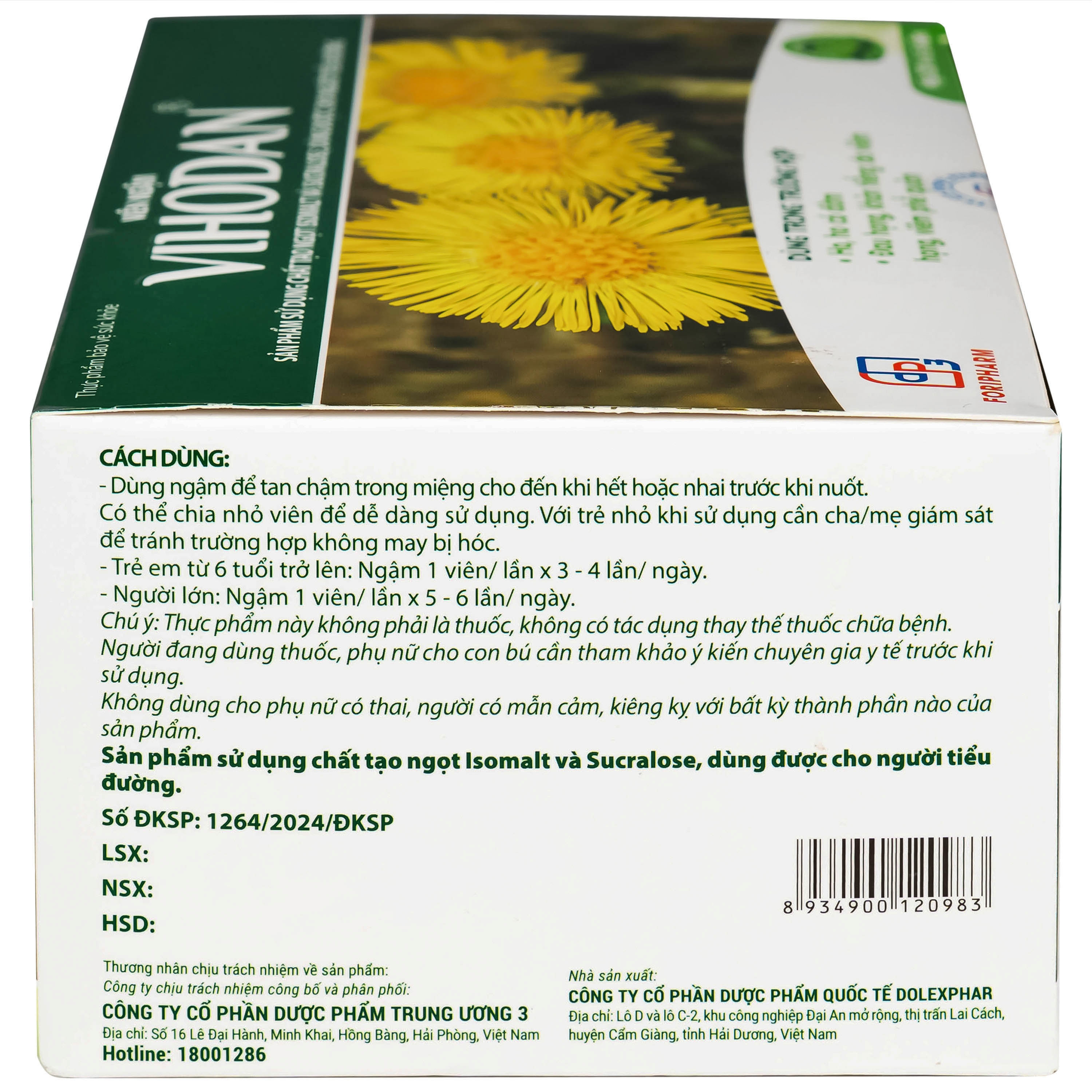 Hình ảnh Viên ngậm Vihodan TW3 giúp nhuận phế, hỗ trợ giảm ho, giúp giảm đờm, giảm đau họng (20 vỉ x 5 viên)